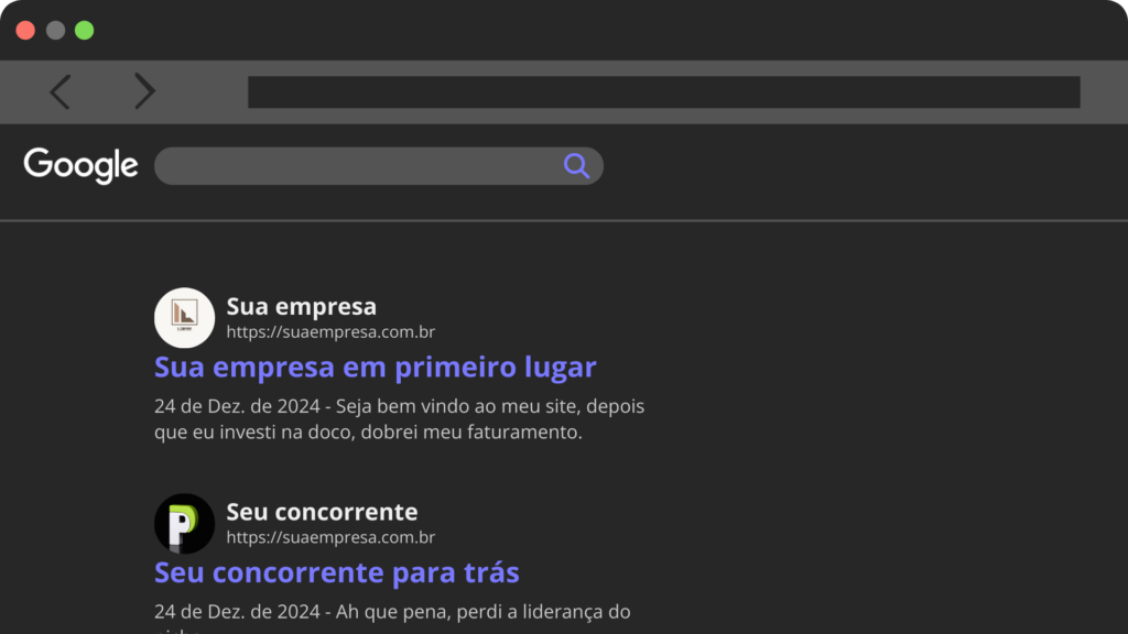 Exemplo de uma tela de pesquisa do Google e como sua empresa poderá ser ranqueada - Agência doco